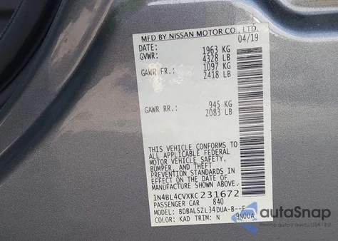 2019 Nissan Altima 2.5 Sr from USA, damaged, VIN 1N4BL4CVXKC231672